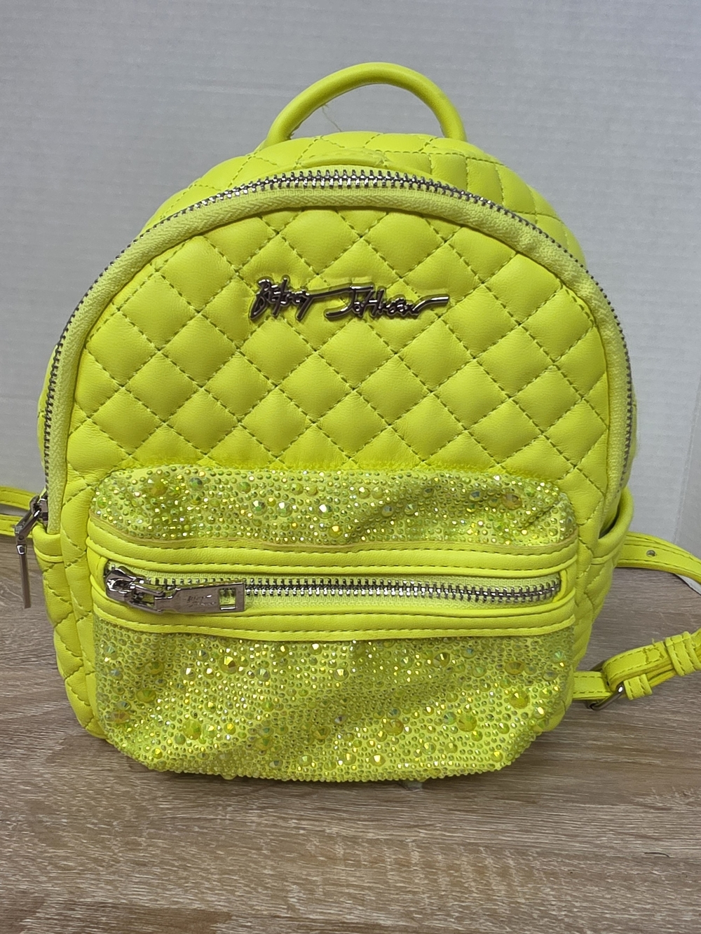 Betsey Johnson Rhinestone Mini Backpack Adjustable Quilted Bag Neon Yellow